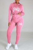 Red Casual Letter Print Basic Hooded Collar Long Sleeve Two Pieces