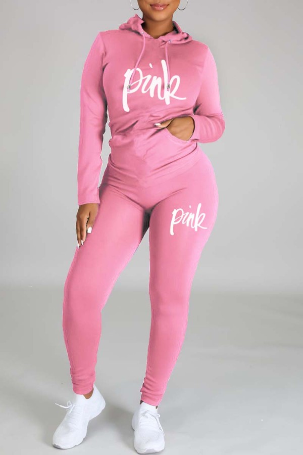 Pink Casual Letter Print Basic Hooded Collar Long Sleeve Two Pieces