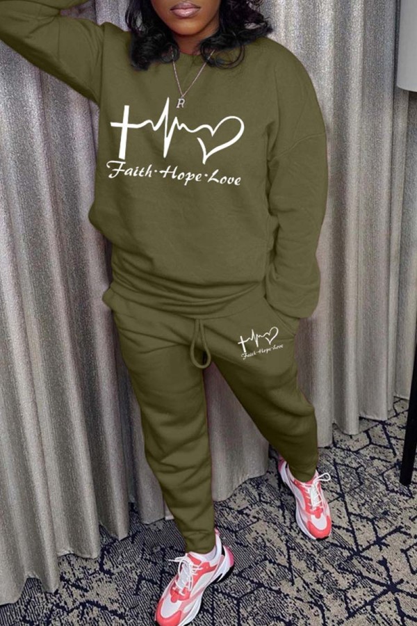 Green Casual Print Basic O Neck Long Sleeve Two Pieces