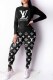 Black Casual Print Letter O Neck Long Sleeve Two Pieces