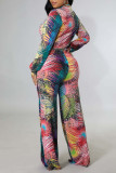 Multicolor Sexy Print Bandage Patchwork V Neck Long Sleeve Two Pieces