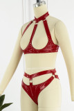 Red Sexy Living Solid Hollowed Out Patchwork Backless Lingerie
