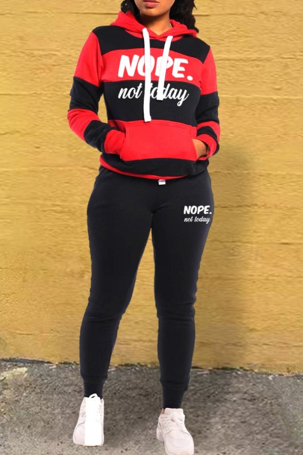 Red Casual Letter Striped Print Patchwork Contrast Hooded Collar Long Sleeve Two Pieces