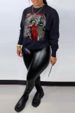 Black Street Vintage Print Patchwork O Neck Tops