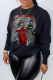Black Street Vintage Print Patchwork O Neck Tops