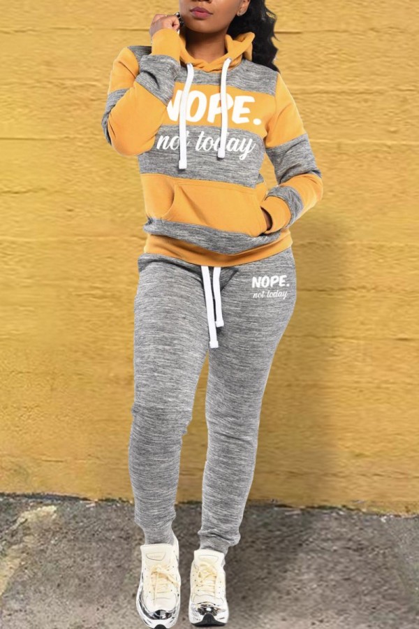 Yellow Casual Letter Striped Print Patchwork Contrast Hooded Collar Long Sleeve Two Pieces