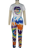 Orange Fashion Sexy adult Ma'am Patchwork Print Two Piece Suits Straight Short Sleeve Two Pieces