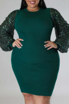 Ink Green Sexy Solid Sequins Patchwork O Neck Straight Plus Size Dresses