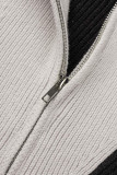 Grey Casual Solid Patchwork Zipper Collar Tops