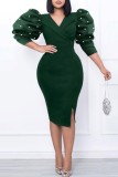 Ink Green Sexy Formal Patchwork Beading V Neck One Step Skirt Dresses