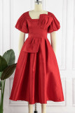 Red Elegant Solid Patchwork With Bow Square Collar A Line Dresses