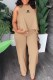 Khaki Casual Print Letter O Neck Sleeveless Two Pieces