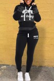 Pink Casual Letter Striped Print Patchwork Contrast Hooded Collar Long Sleeve Two Pieces