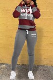 Burgundy Casual Letter Striped Print Patchwork Contrast Hooded Collar Long Sleeve Two Pieces