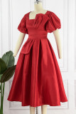 Red Elegant Solid Patchwork With Bow Square Collar A Line Dresses