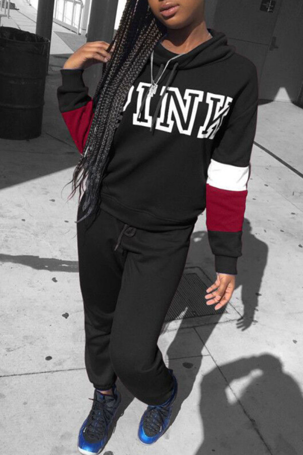 Black Casual Street Print Patchwork Hooded Collar Long Sleeve Two Pieces