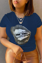 Navy Blue Street Basis Lips Printed Patchwork O Neck T-Shirts