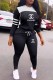 Black Casual Print Patchwork Letter Hooded Collar Long Sleeve Two Pieces