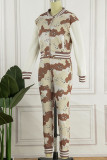 Brown Casual Print Patchwork Buckle Long Sleeve Two Pieces