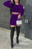 Deep Red Sexy Solid Basic O Neck Long Sleeve Two Pieces