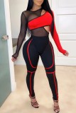 Red Sexy Casual Patchwork See-through Contrast O Neck Long Sleeve Two Pieces