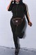 Black Casual Striped Patchwork Zipper Collar Skinny Jumpsuits