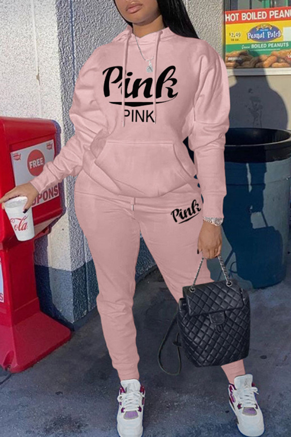 Pink Casual Print Patchwork Hooded Collar Long Sleeve Two Pieces