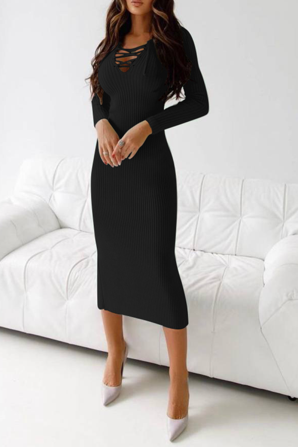 Black Sexy Solid Hollowed Out V Neck Pencil Skirt Dresses