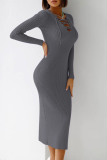 Dark Gray Sexy Solid Hollowed Out V Neck Pencil Skirt Dresses