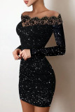 Pure Black Sexy Solid Sequins Patchwork Hot Drill Turtleneck Pencil Skirt Dresses
