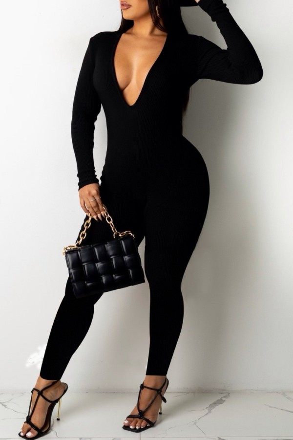Black Sexy Solid Basic V Neck Skinny Jumpsuits