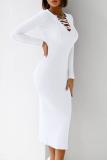 Dark Gray Sexy Solid Hollowed Out V Neck Pencil Skirt Dresses