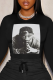 Black Street Vintage Print Patchwork O Neck Tops
