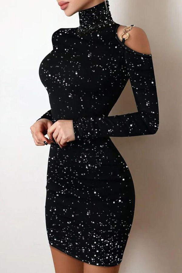 Black Silver Sexy Solid Sequins Patchwork Hot Drill Turtleneck Pencil Skirt Dresses