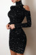 Black Silver Sexy Solid Sequins Patchwork Hot Drill Turtleneck Pencil Skirt Dresses
