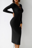 Dark Gray Sexy Solid Hollowed Out V Neck Pencil Skirt Dresses