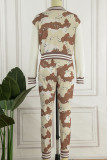 Brown Casual Print Patchwork Buckle Long Sleeve Two Pieces