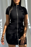White Sexy Solid Zipper Zipper Collar Pencil Skirt Dresses