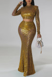 Green Sexy Solid Sequins Patchwork O Neck Long Sleeve Two Pieces