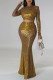 Gold Sexy Solid Sequins Patchwork O Neck Long Sleeve Two Pieces