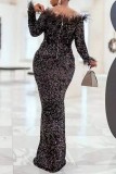 Black Sexy Formal Patchwork Sequins Feathers Off the Shoulder Long Sleeve Dresses