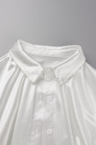 Blue Casual Solid Patchwork Draw String Buckle Turndown Collar Shirt Dress Dresses