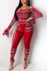 Dark Red Sexy Casual Print Backless Off the Shoulder Long Sleeve Two Pieces