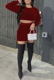 Deep Red Sexy Solid Basic O Neck Long Sleeve Two Pieces