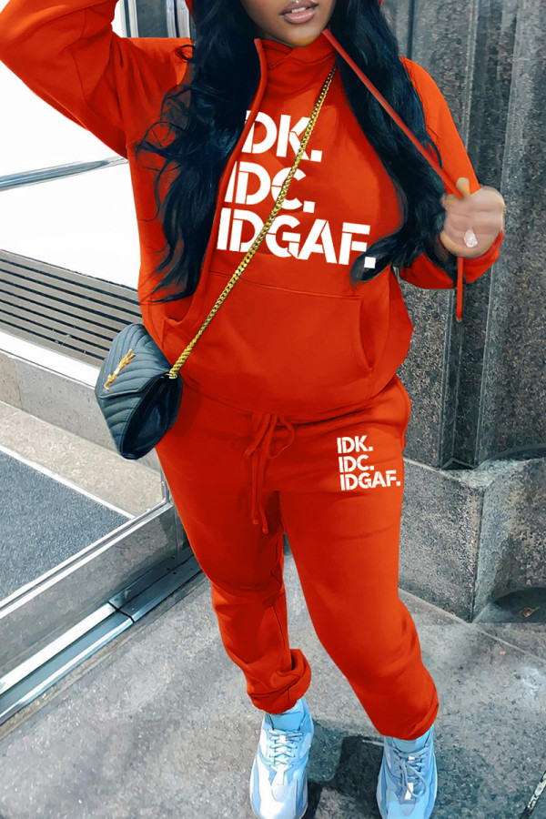 Red Casual Letter Print Basic Hooded Collar Long Sleeve Two Pieces