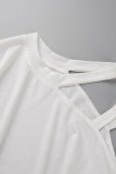 White Casual Solid Hollowed Out Sequins Patchwork Asymmetrical O Neck Tops