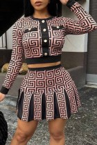 Coffee Casual Print Patchwork O Neck Long Sleeve Two Pieces