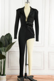 Black Sexy Solid Patchwork Asymmetrical Turn-back Collar Regular Jumpsuits