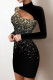 Black Gold Sexy Solid Sequins Patchwork Hot Drill Turtleneck Pencil Skirt Dresses