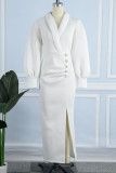 Cyan Elegant Solid Patchwork Buttons Slit V Neck Evening Dress Dresses